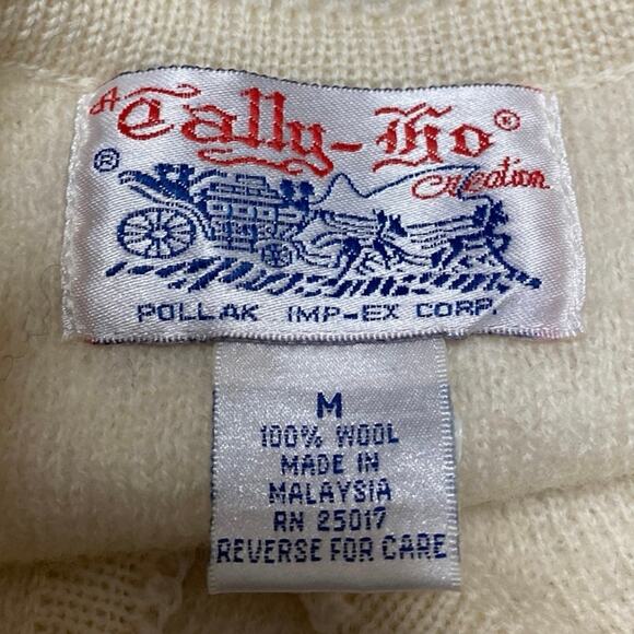 Vintage Tally-Ho Cream 100% Wool Long Sleeve Button Down Cardigan Sweater M - Picture 3 of 3